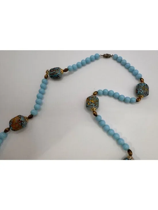Blue Glass Lampwork Gold Foil Bead Necklace 24” Gold Tone Robins Egg Artisan - Picture 8 of 10